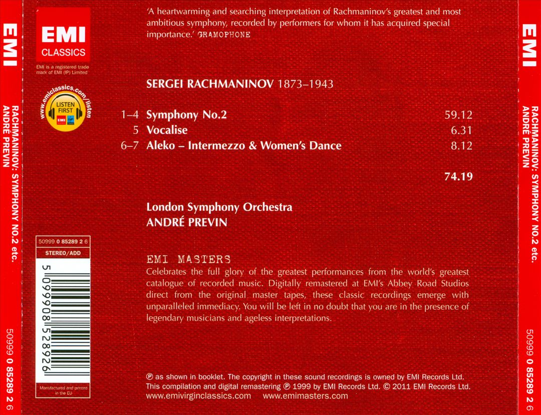 Rachmaninov: Symphony No. 2; Vocalise; Aleko Intermzzo & Women's Dance cover art