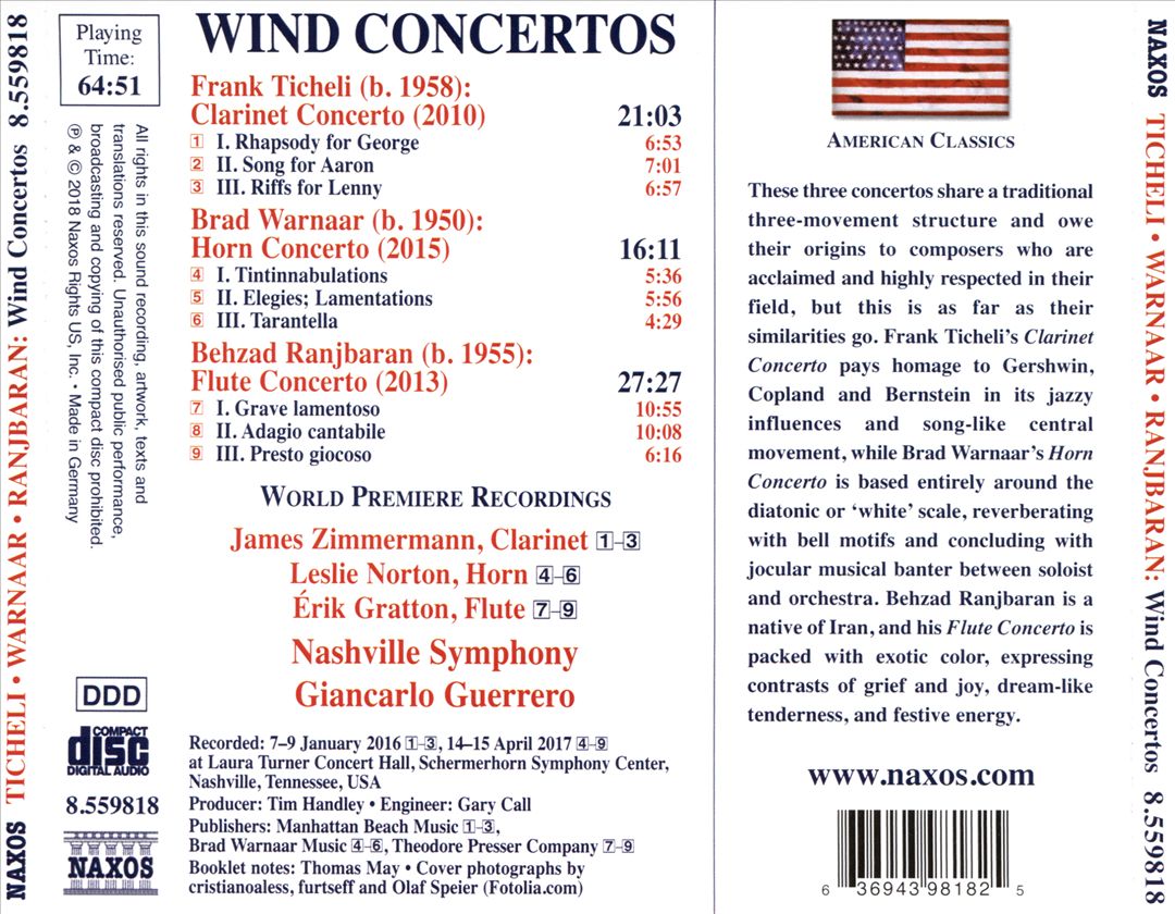 Wind Concertos: Ticheli, Warnaar, Ranjbaran cover art