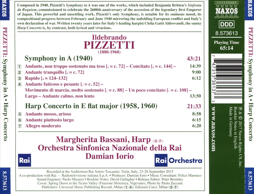 Ildebrando Pizzetti: Symphony in A; Harp Concerto cover art