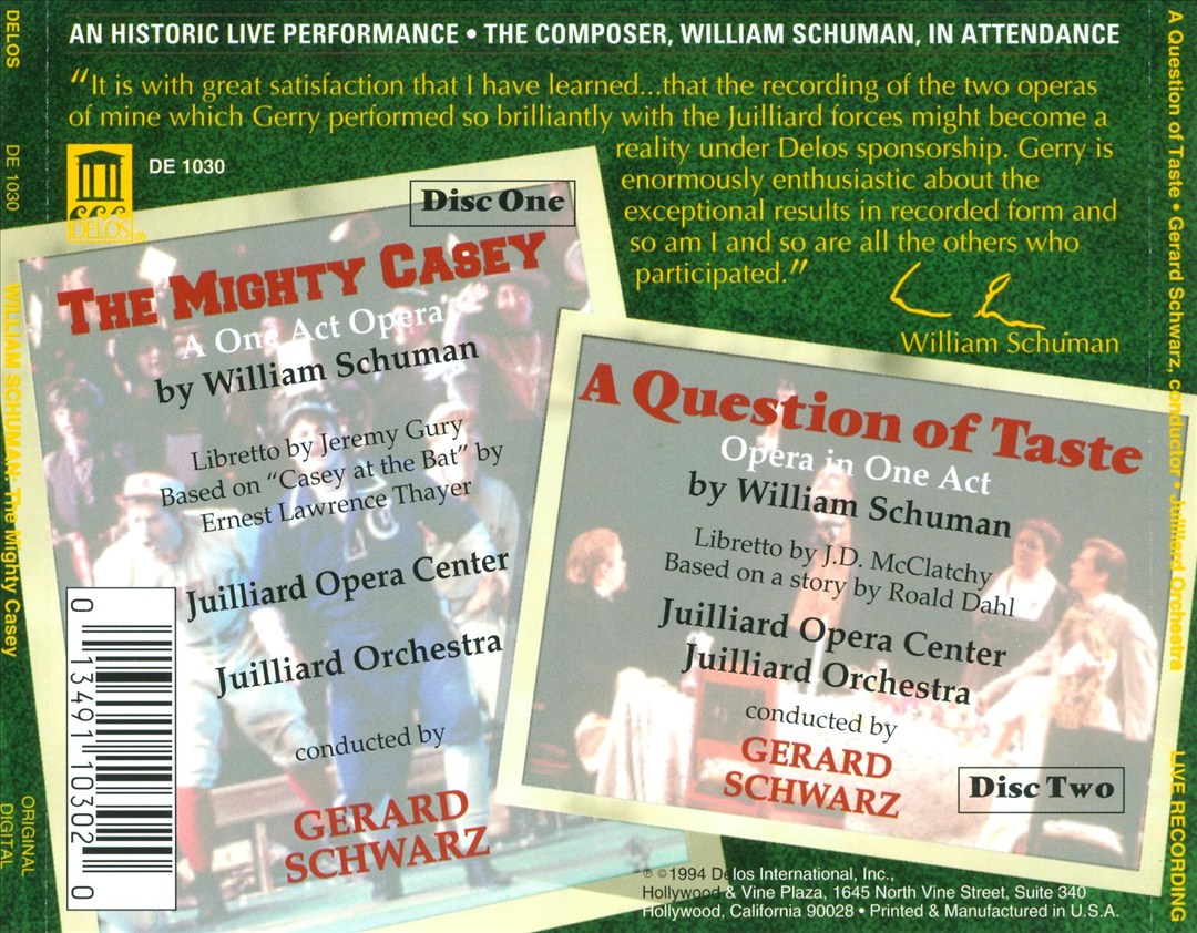 William Schuman: The Mighty Casey; A Question of Taste cover art