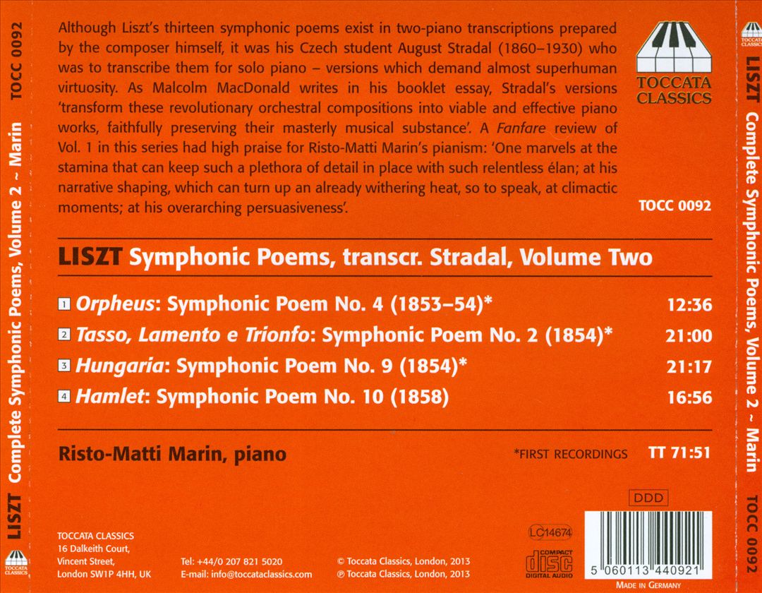 Liszt: The Complete Symphonic Poems Transcribed for Solo Piano by August Stradal, Vol. 2 cover art