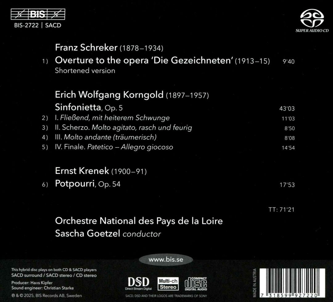 Schreker: Die Gezeichneten; Korngold: Sinfonietta; Krenek: Potpourri cover art