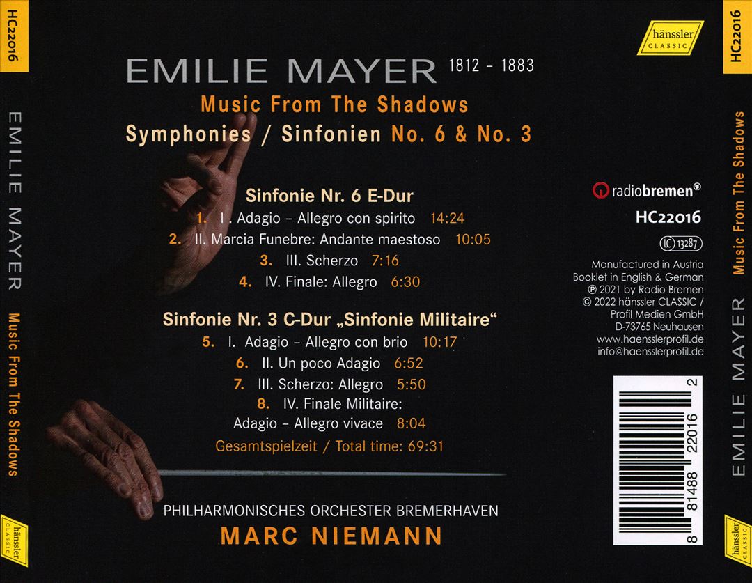 Music from the Shadows: Emilie Mayer - Symphonies Nos 6 & 3 cover art