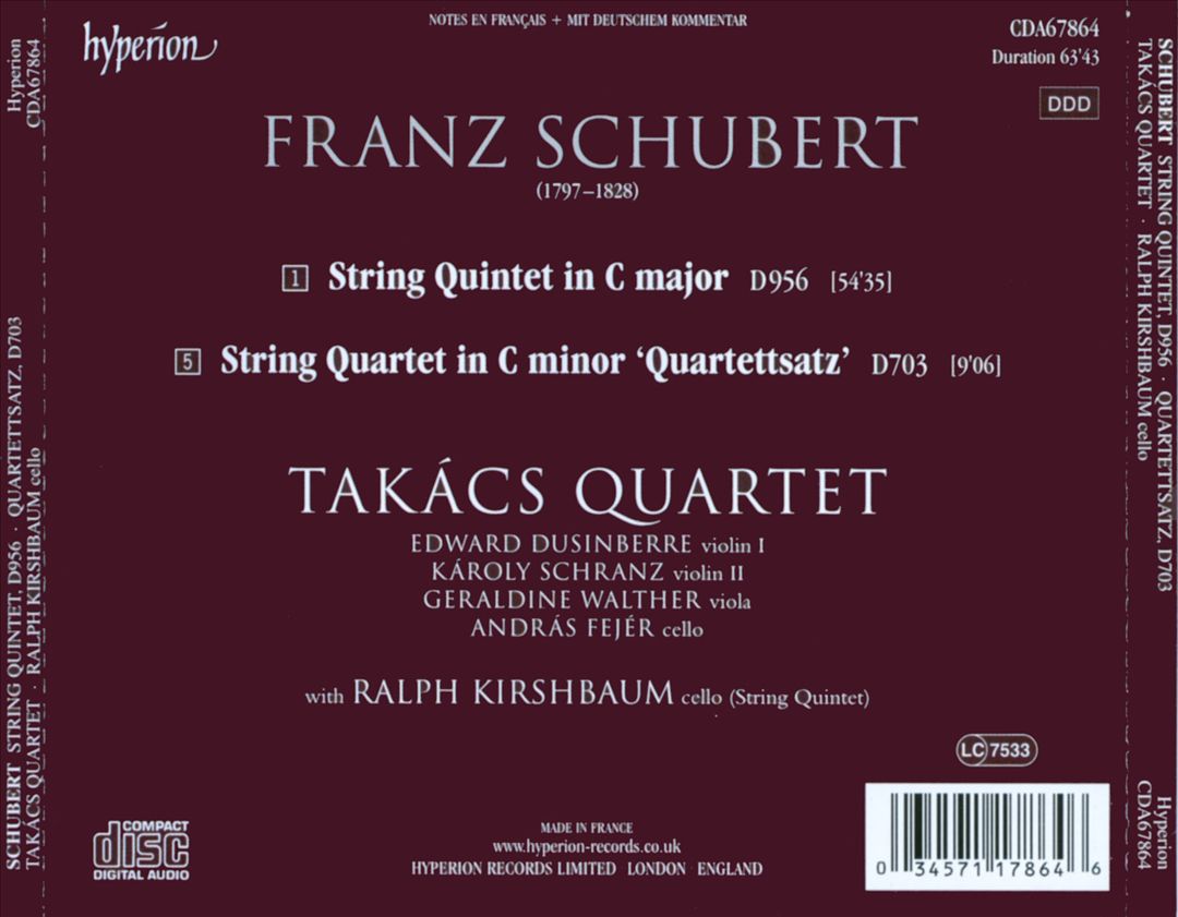 Schubert: String Quintet D. 956; String Quartet D. 703 "Quartettsatz" cover art