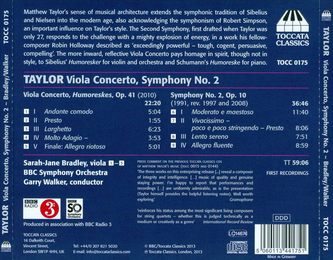 Matthew Taylor: Symphony No. 2; Viola Concerto cover art