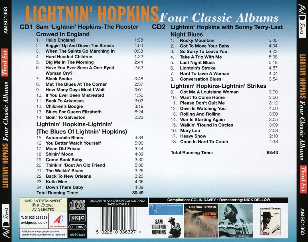 4LPs: The Rooster Crowed in England/Lightnin' (The Blues of Lightnin' Hopkins)/Last Night Blues/Lightnin' Strikes cover art