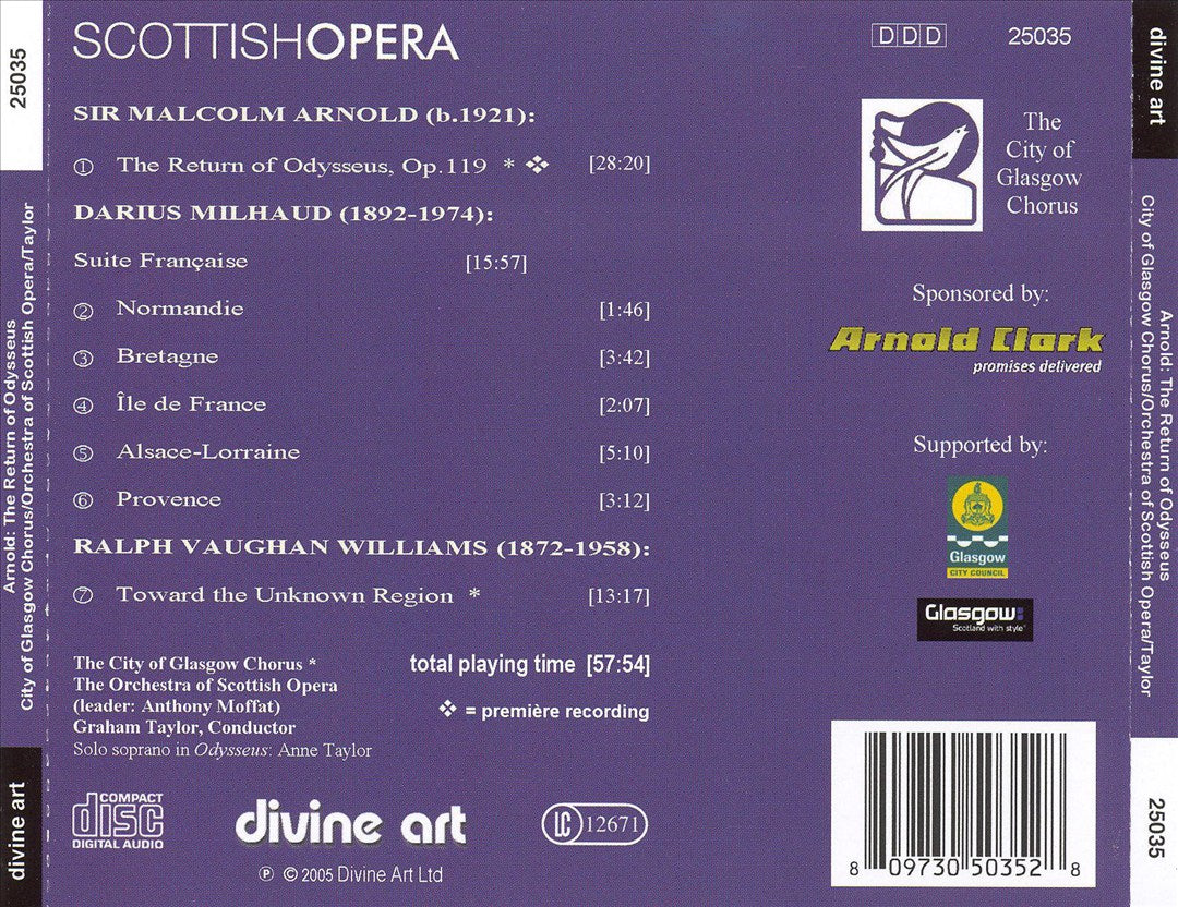 Arnold: The Return of Odysseus: Milhard: Suite Française; Vaughan Williams: Toward the unknown Region cover art