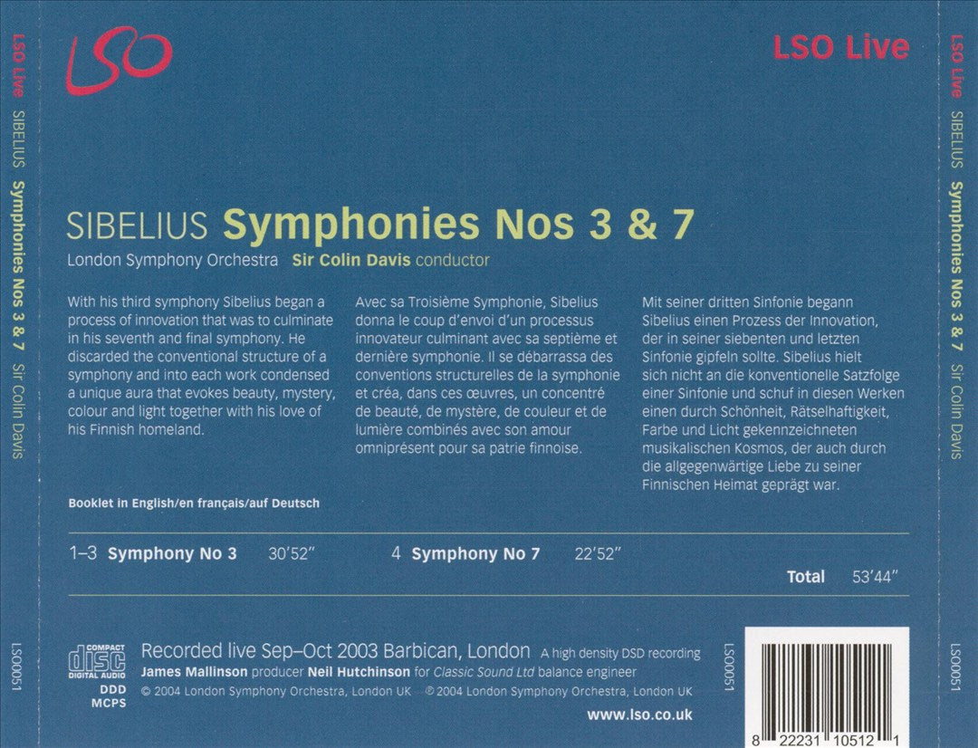 Sibelius: Symphonies Nos. 3 & 7 cover art