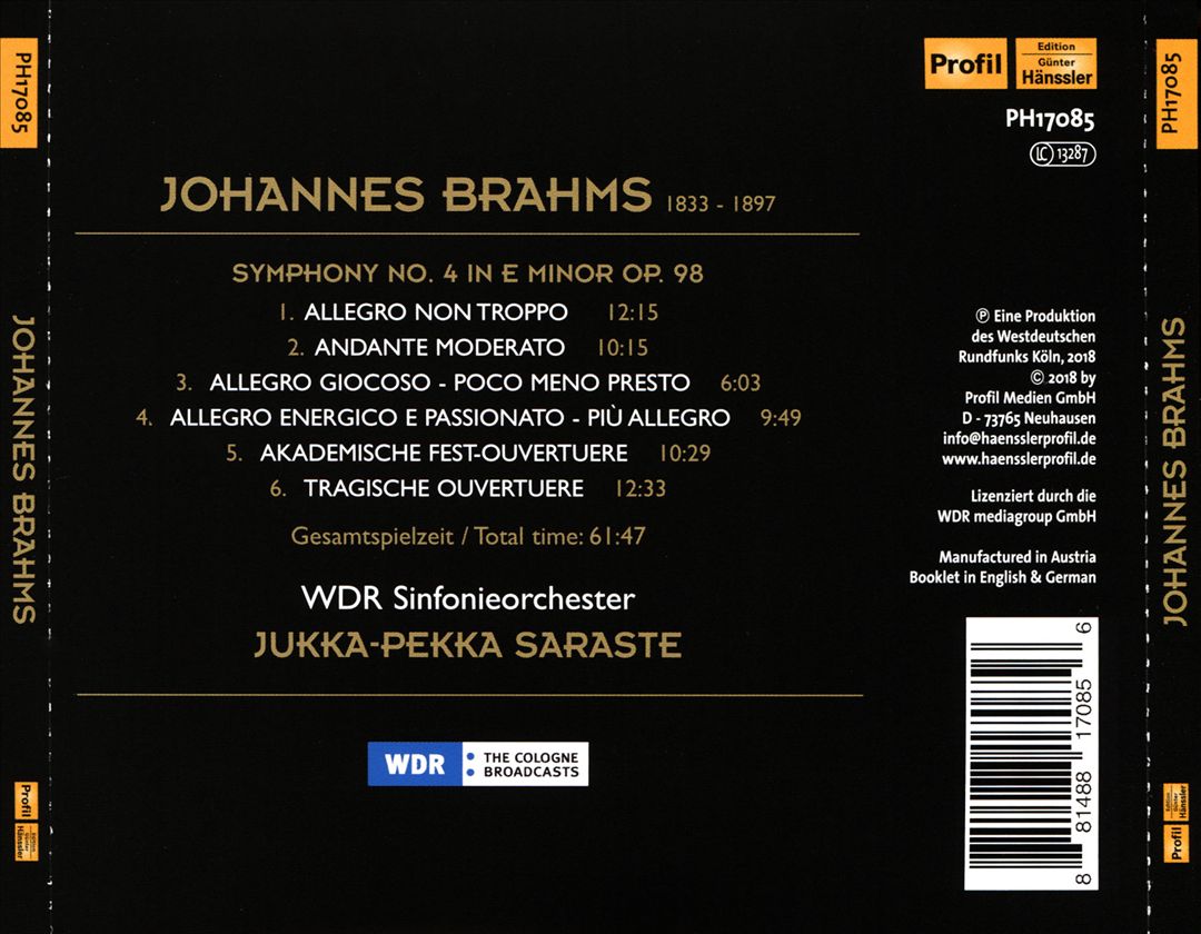 Johannes Brahms: Symphony No. 4; Academic Festival Overture; Tragic Overture cover art