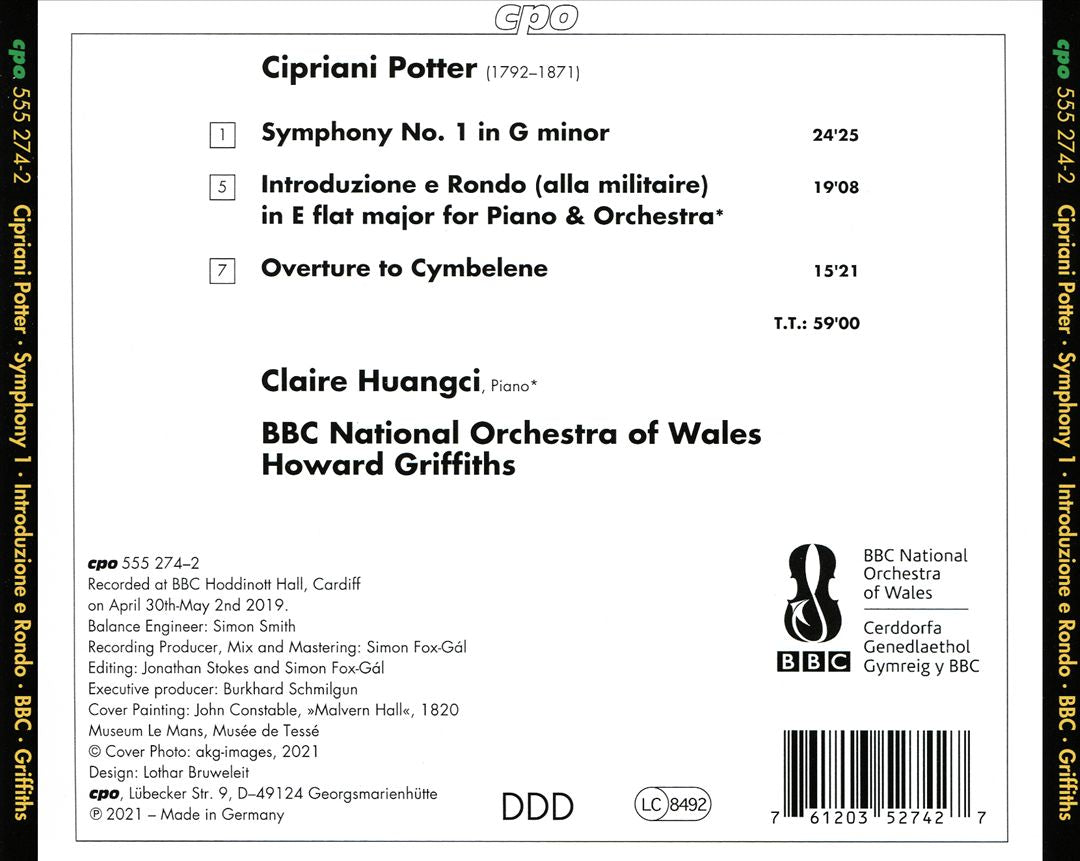 Cipriani Potter: Symphony No. 1; Overture Cymbelene; Introduzione e Rondo for Piano & Orchestra cover art