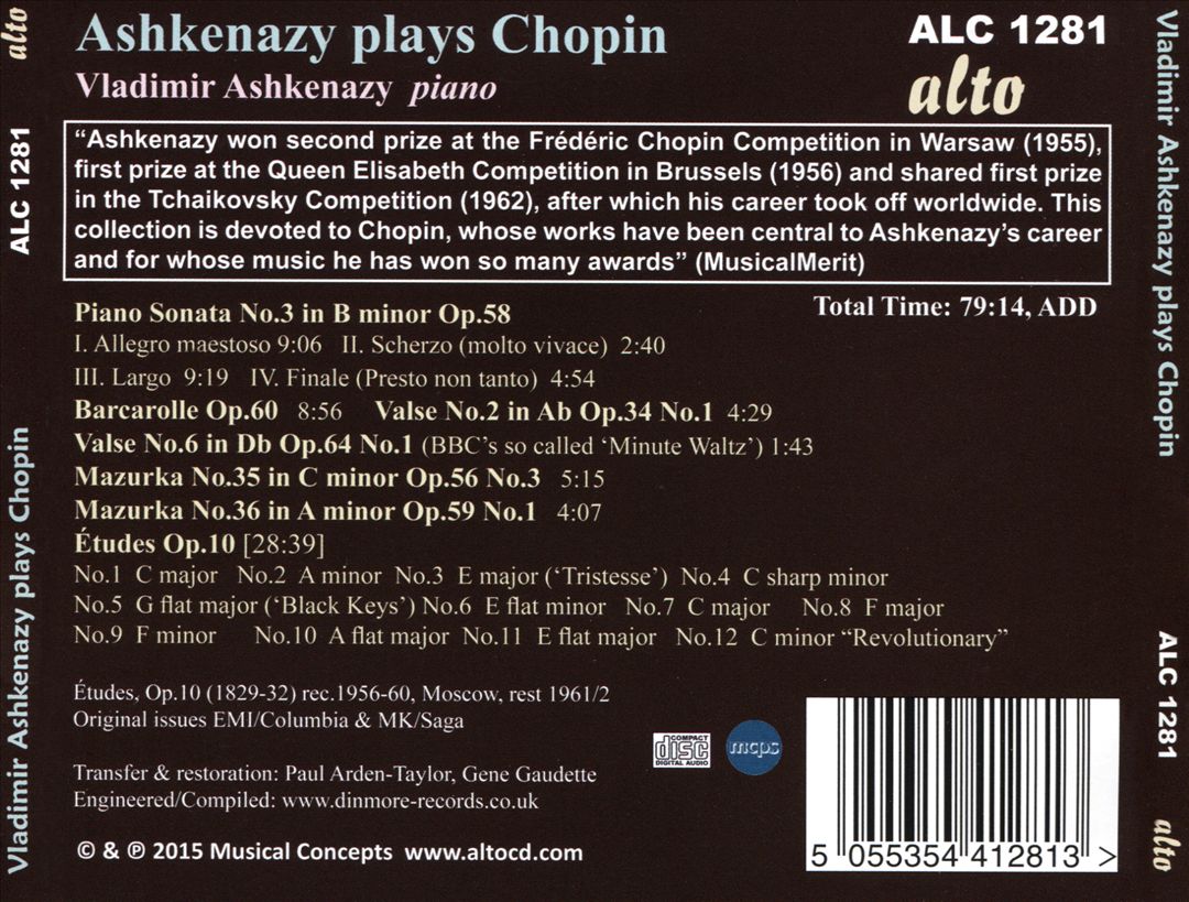 Ashkenazy Plays Chopin: Sonata No. 3, Barcarolle, Waltzes, Mazurkas, Études Op. 10 cover art