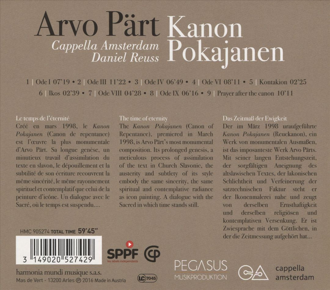 Arvo Part: Kanon Pokajanen cover art