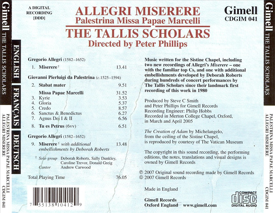 Allegri: Miserere; Palestrina: Missa Papae Marcelli cover art