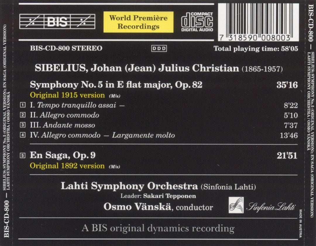 Sibelius: Symphony No. 5 (Original 1915 Version); En Saga (Original 1892 Version) cover art