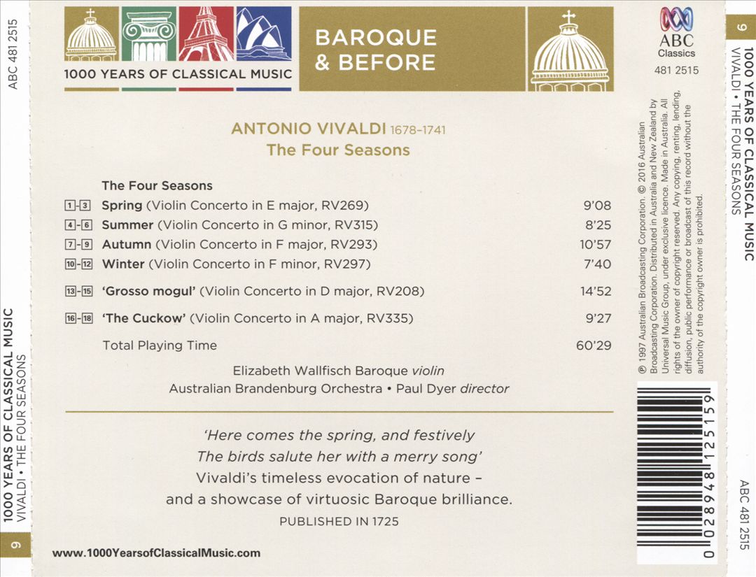 1000 Years of Classical Music, Vol. 9: Baroque & Before - Vivaldi: The Four Seasons cover art