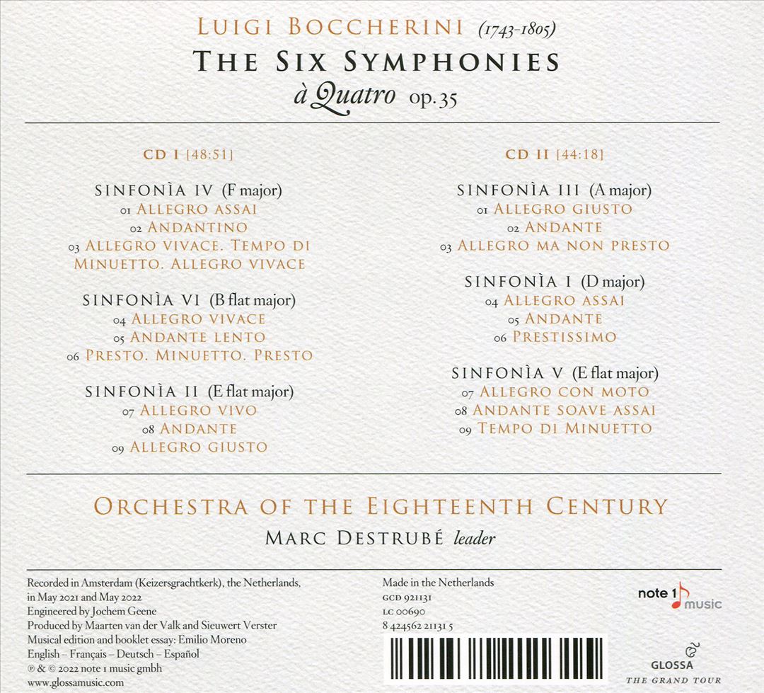 Luigi Boccherini: The Six Symphonies à Quatro, Op. 35 cover art