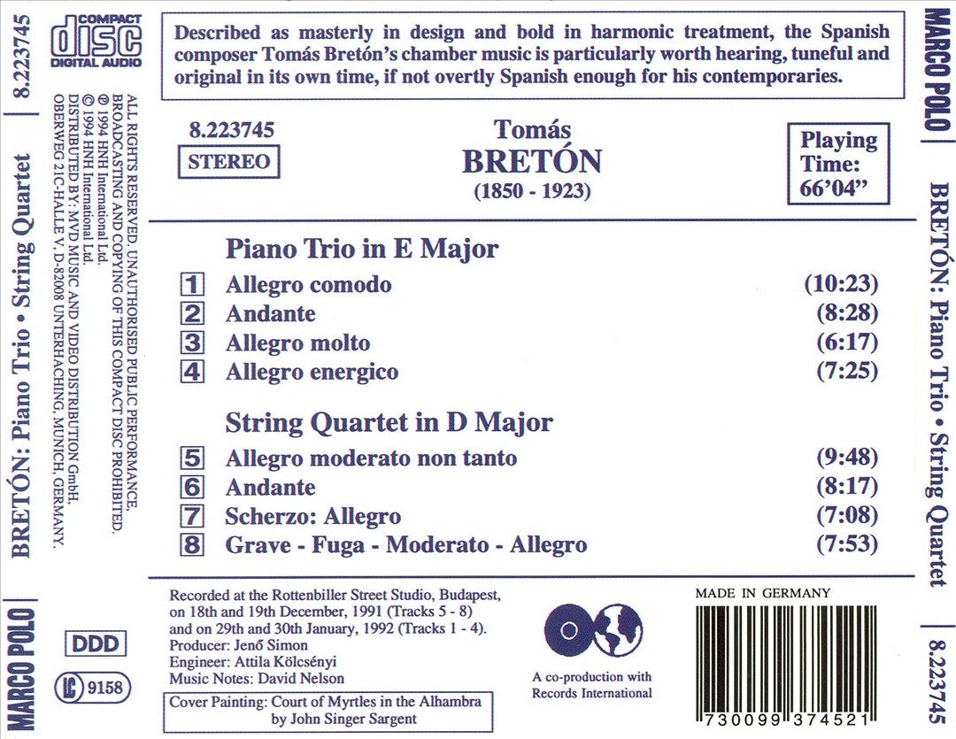 Tomás Bretón: Piano Trio in E major; String Quartet in D major cover art