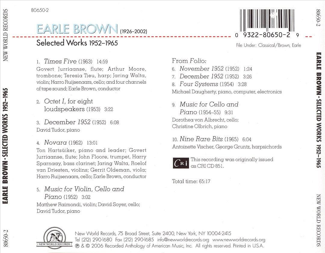 Earle Brown: Selected Works 1952-1965 cover art