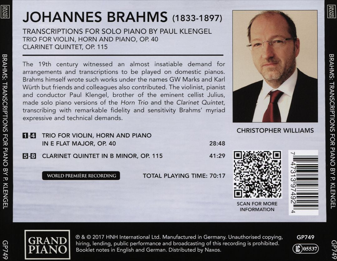 Brahms: Transcriptions for solo piano by Paul Klengel - Trio for Piano, Violin and Horn; Clarinet Quintet cover art