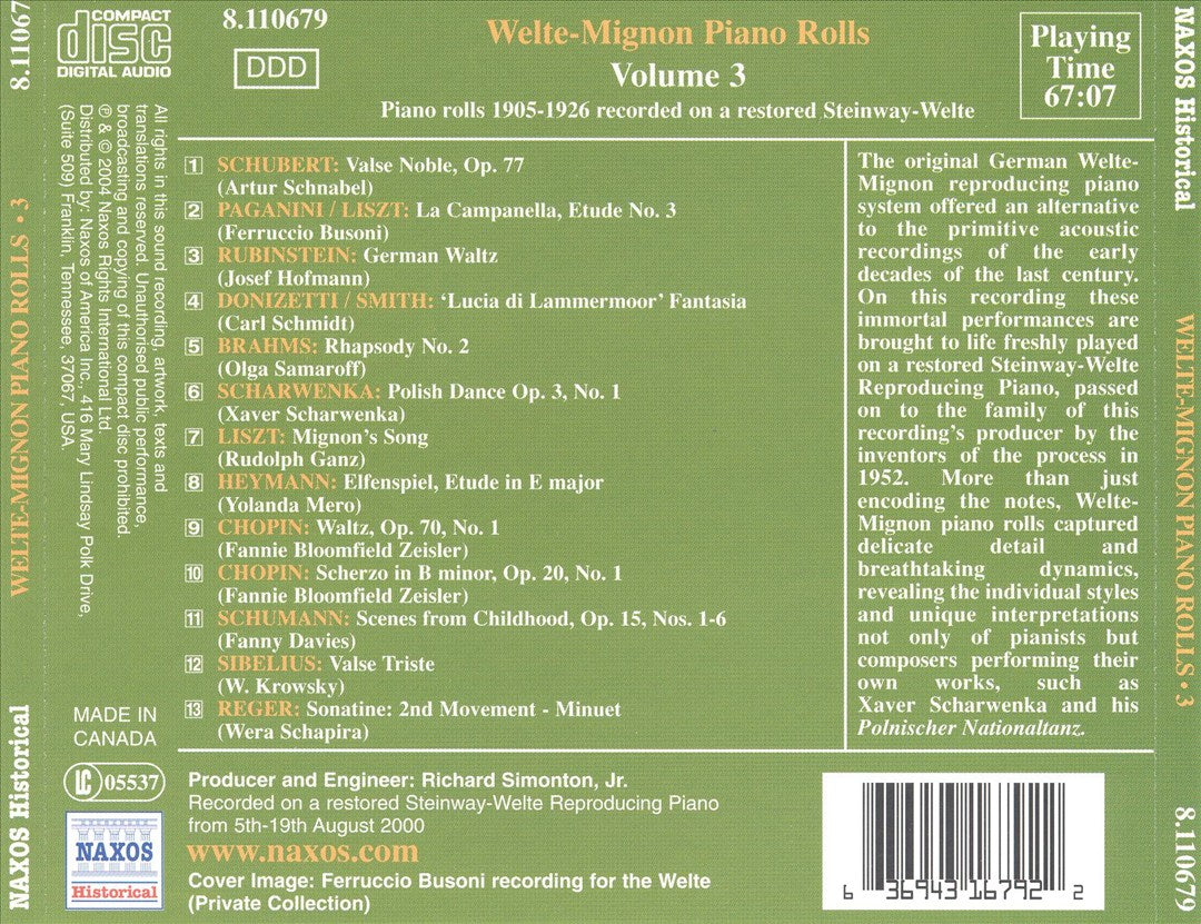 Welte-Mignon Piano Rolls, Vol. 3: Schumann, Brahms, Chopin, Sibelius cover art