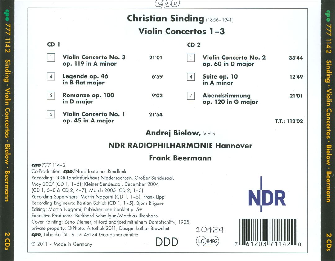 Christian Sinding: Violin Concertos Nos. 1-3; Suite; Legende; Romance cover art