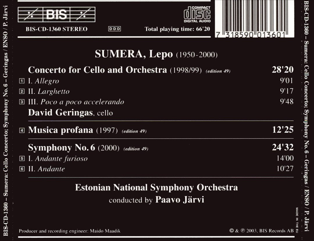 Lepo Sumera: Symphony No. 6; Cello Concerto; Music profana cover art