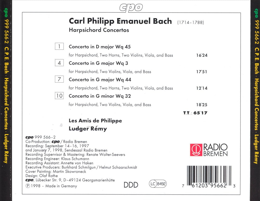 C.P.E. Bach: Harpsichord Concertos, Wq 3, 32, 44, 45 cover art