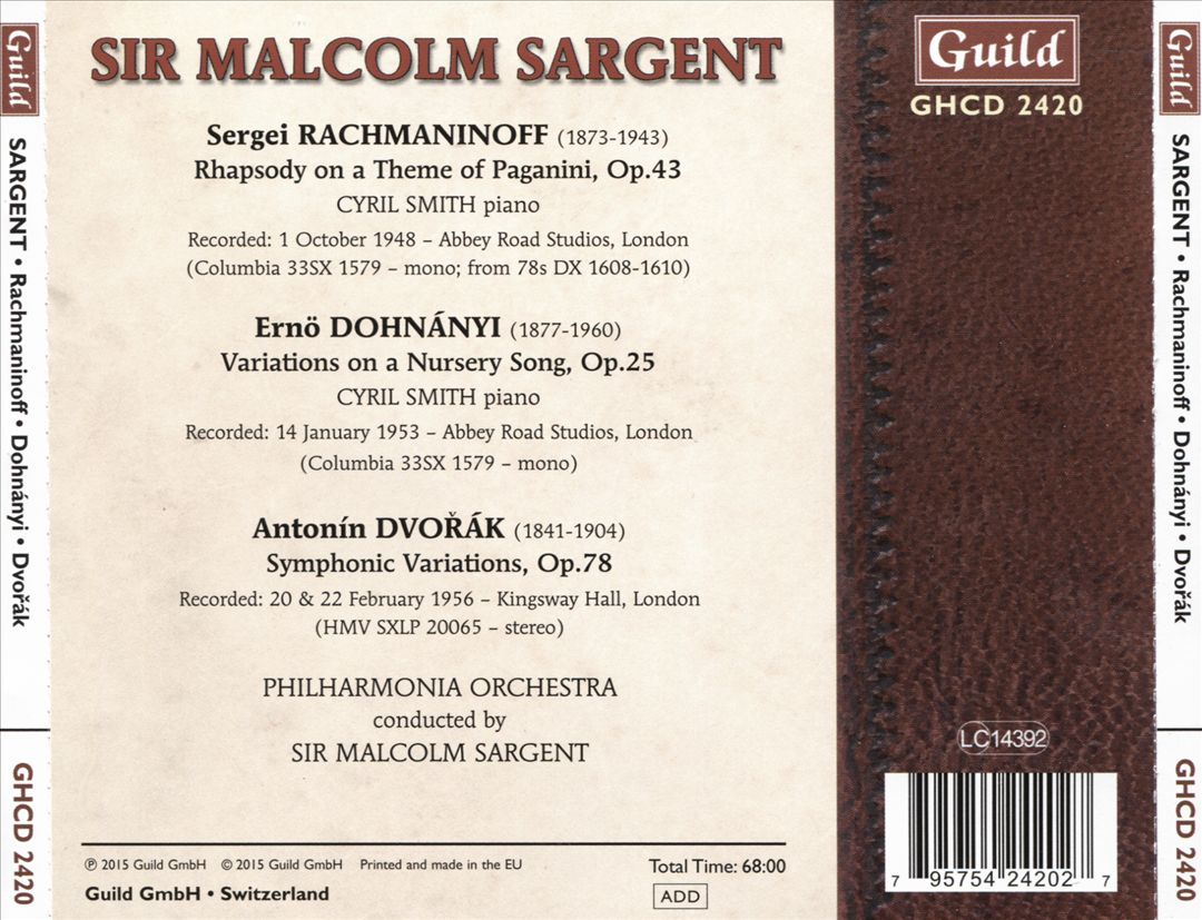 Rachmaninoff: Rhapsody on a Theme of Paganini; Dohnányi: Variations on a Nursery Song; Dvořák: Symphonic Variations cover art