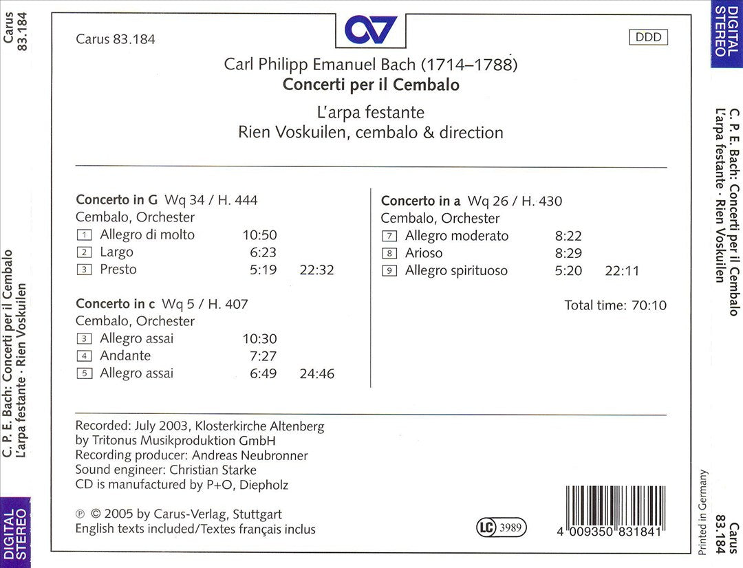 Carl Philipp Emanuel Bach: Concerti per il Cembalo cover art