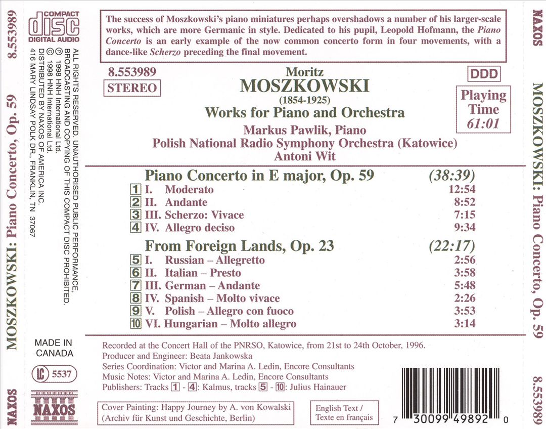 Moritz Moszkowski: Piano Concerto in E major; Suite for Orchestra "From Foreign Lands" cover art