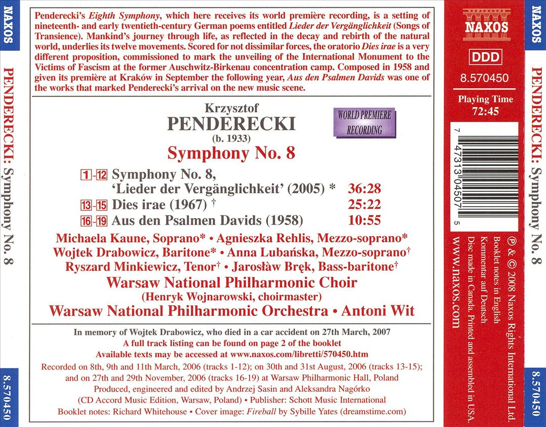 Penderecki: Symphony No. 8; Dies irae; Aus den Psalmen Davids cover art