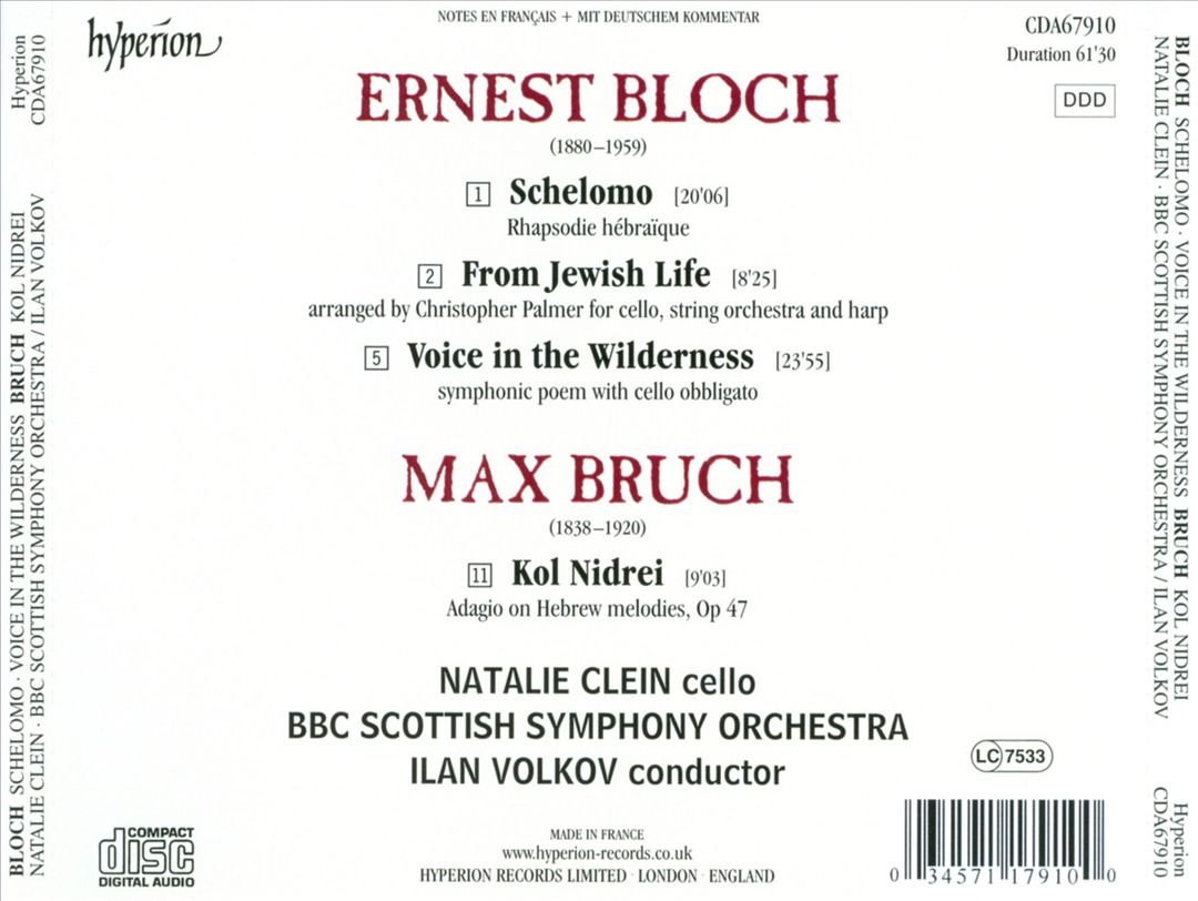 Bloch: Voice in the Wilderness; Schlomo; From Jewish Life; Bruch: Kol Nidrei cover art