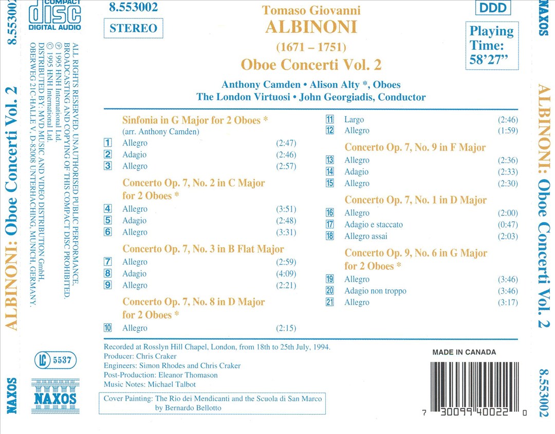 Albinoni: Oboe Concerti, Vol. 2 cover art