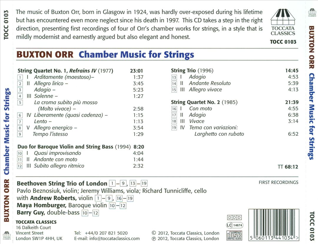 Buxton Orr: String Quartets Nos. 1&2; Duo for Baroque Violin and String Bass; String Trio cover art
