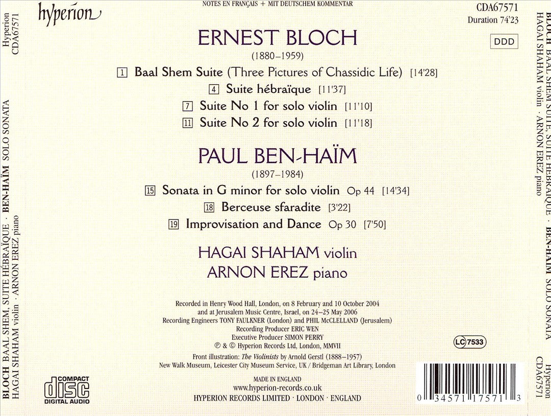 Bloch: Baal Shem Suite; Suite hébraïque; Ben-Haim: Sonata in G cover art