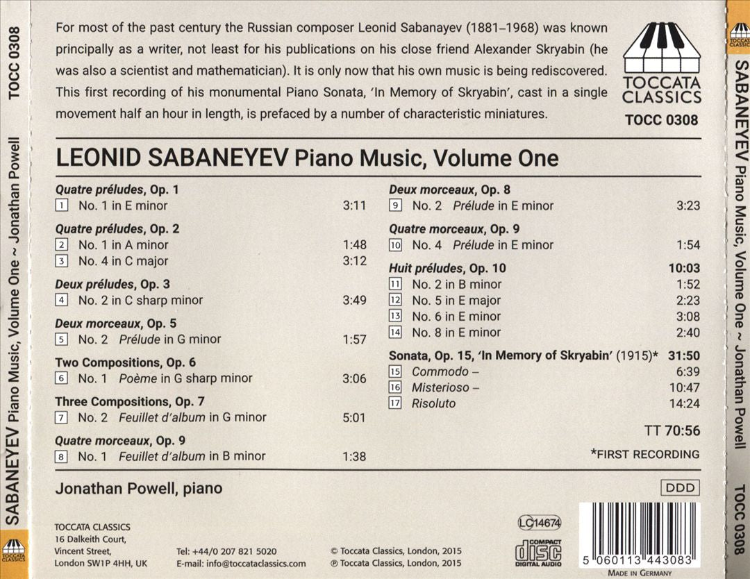 Sabaneyev: Piano Music, Vol. 1 cover art