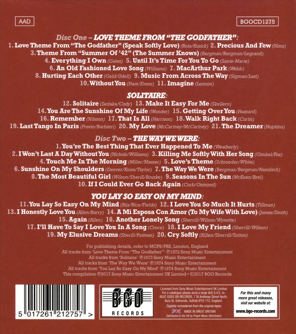 Love Theme From the Godfather/Solitaire/You Lay So Easy on My Mind cover art