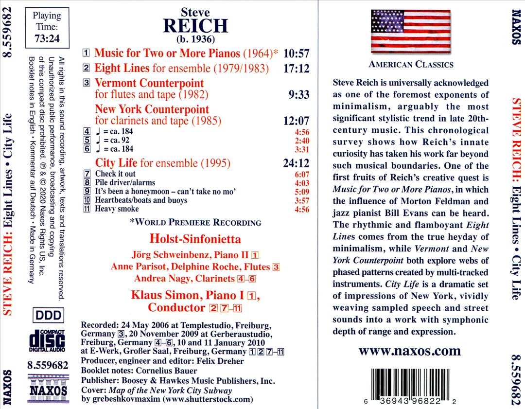 Reich: Eight Lines; City Life; Music for Two or More Pianos; Vermont Counterpoint; New York Counterpoint cover art