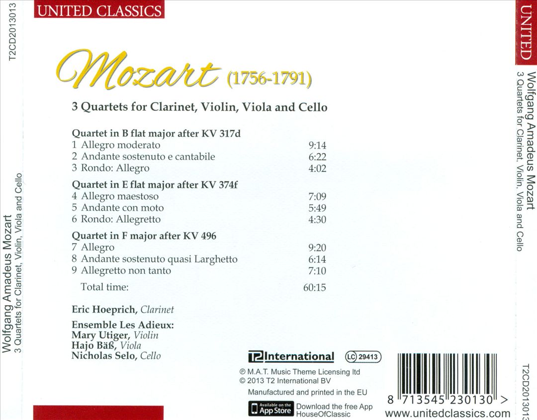 Mozart: 3 Quartets for Clarinet, Violin, Viola & Cello cover art