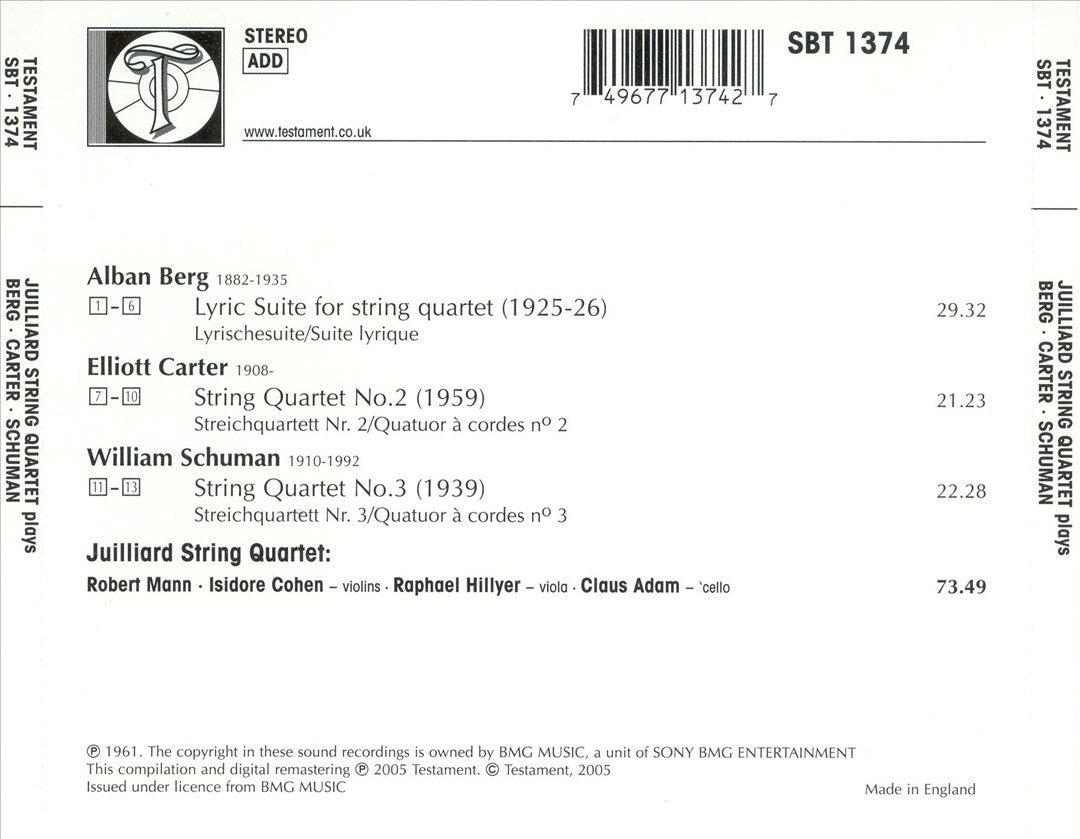 Juilliard String Quartet performs Berg, Carter & Schumann cover art