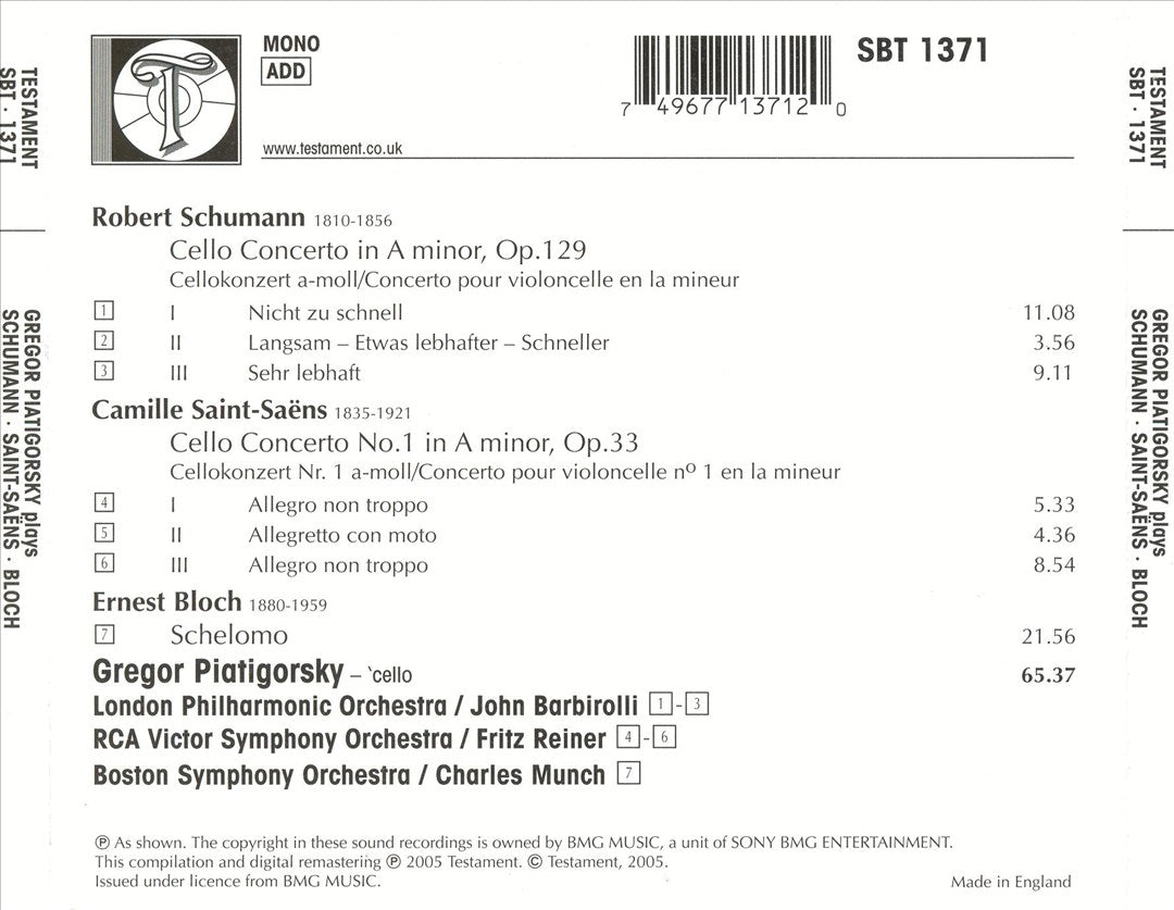 Schumann, Saint-Saëns: Cello Concertos; Bloch: Schelomo cover art
