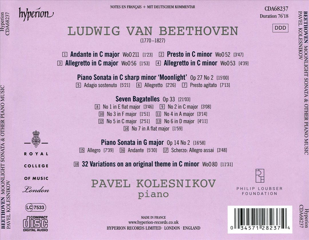 Beethoven: Piano Sonata 'Moonlight' Op. 27/2; Piano Sonata Op. 14/2; Seven Bagatelles Op 33; Variations on an original theme WoO80 cover art