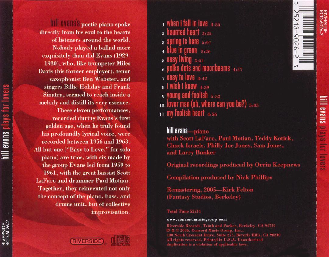 Bill Evans Plays for Lovers cover art