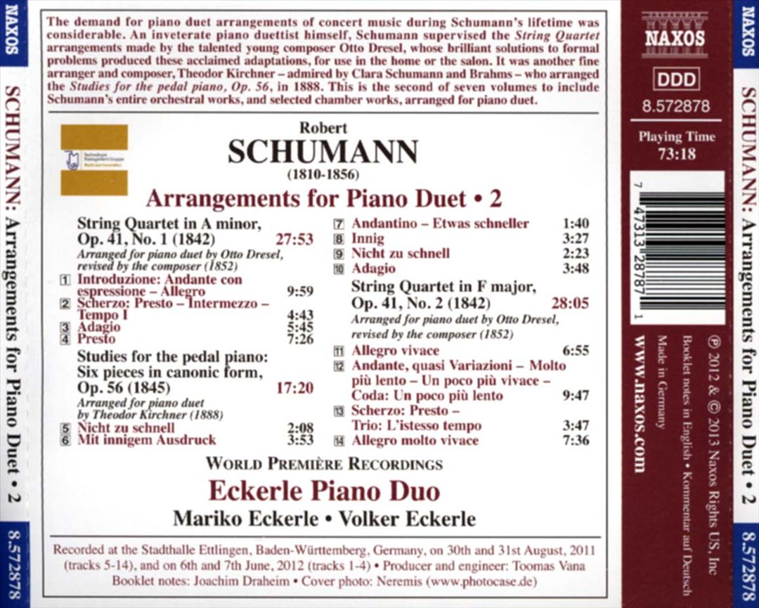 Robert Schumann: Arrangements for Piano Duet, Vol. 2 - String Quartet in A minor and F major; Studies for the pedal piano cover art