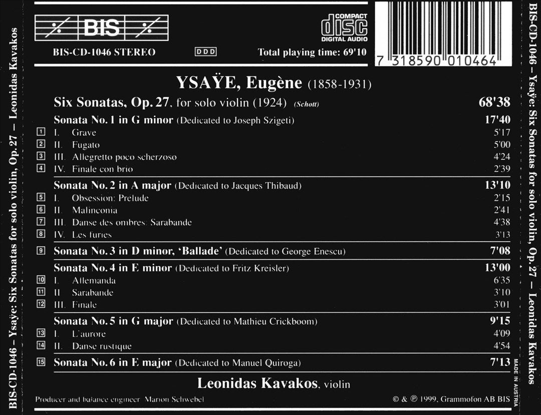 Eugène Ysaÿe: 6 Sonatas for Solo Violin, Op. 27 cover art