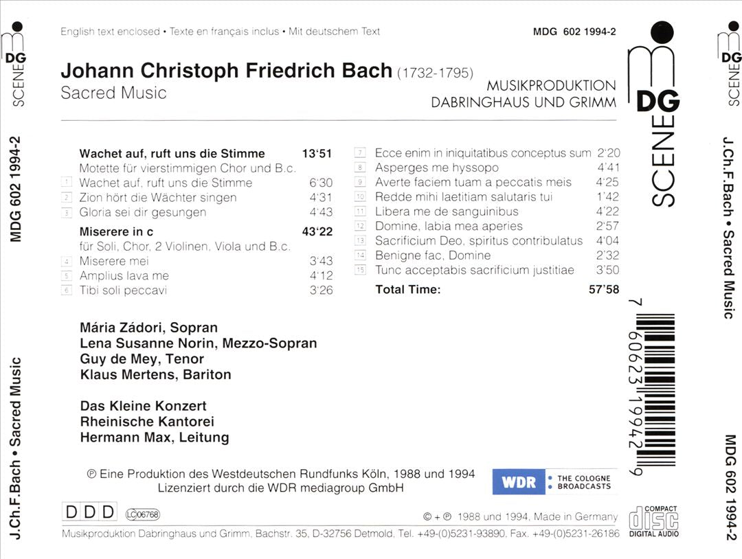 Johann Christoph Friedrich Bach: Miserere Mei; Wachet auf, ruft uns die Stimme cover art
