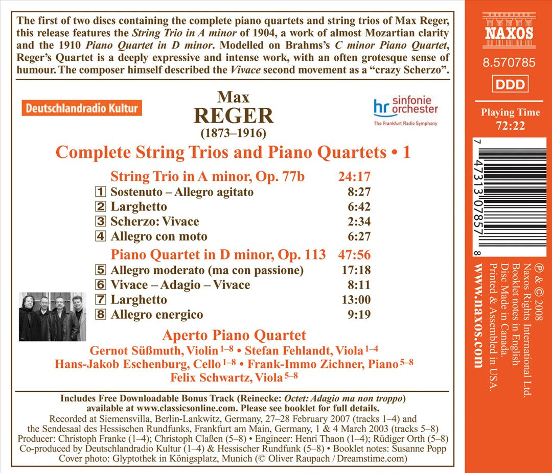 Reger: String Trio in A minor, Op. 77b; Piano Quartet in D minor, Op. 113 cover art
