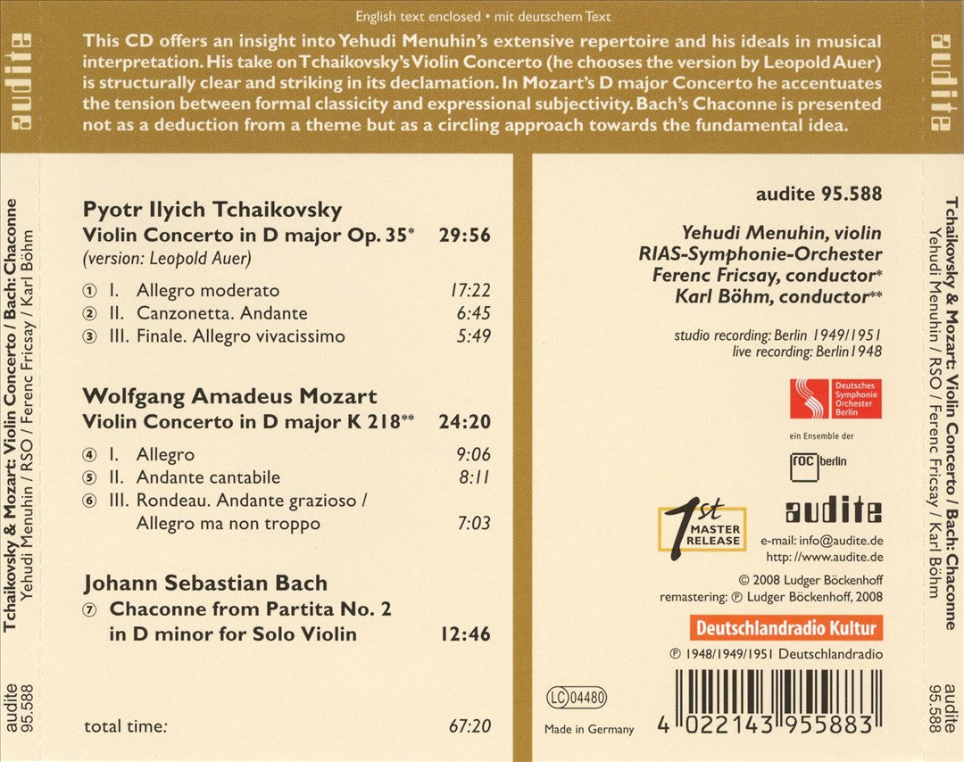 Tchaikovsky: Violin Concerto; Mozart: Violin Concerto, K. 218; Bach: Chaconne cover art
