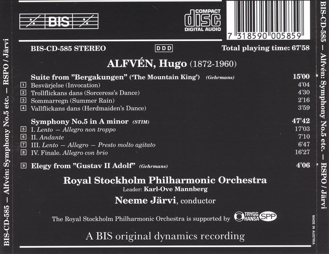 Hugo Alfvén: Symphony No. 5; Suite from 'Bergakungen'; Elegy from 'Gustav II Adolf' cover art