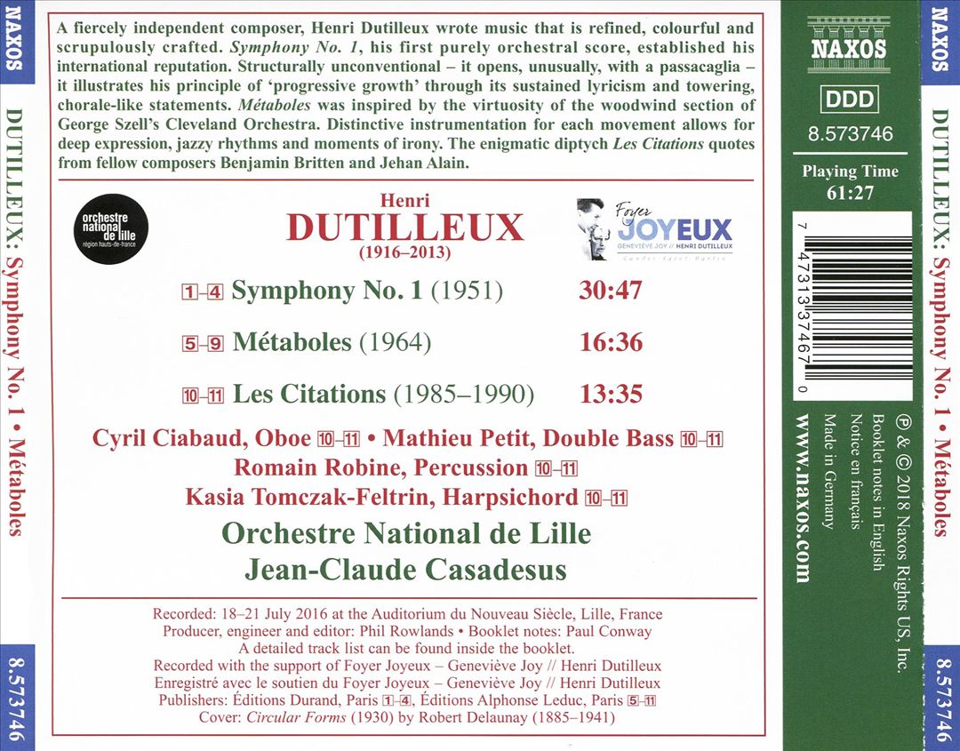 Dutilleux: Symphony No. 1; Métaboles; Les Citations cover art